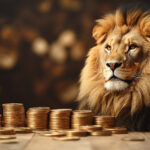 Um leão ao lado de várias moedas