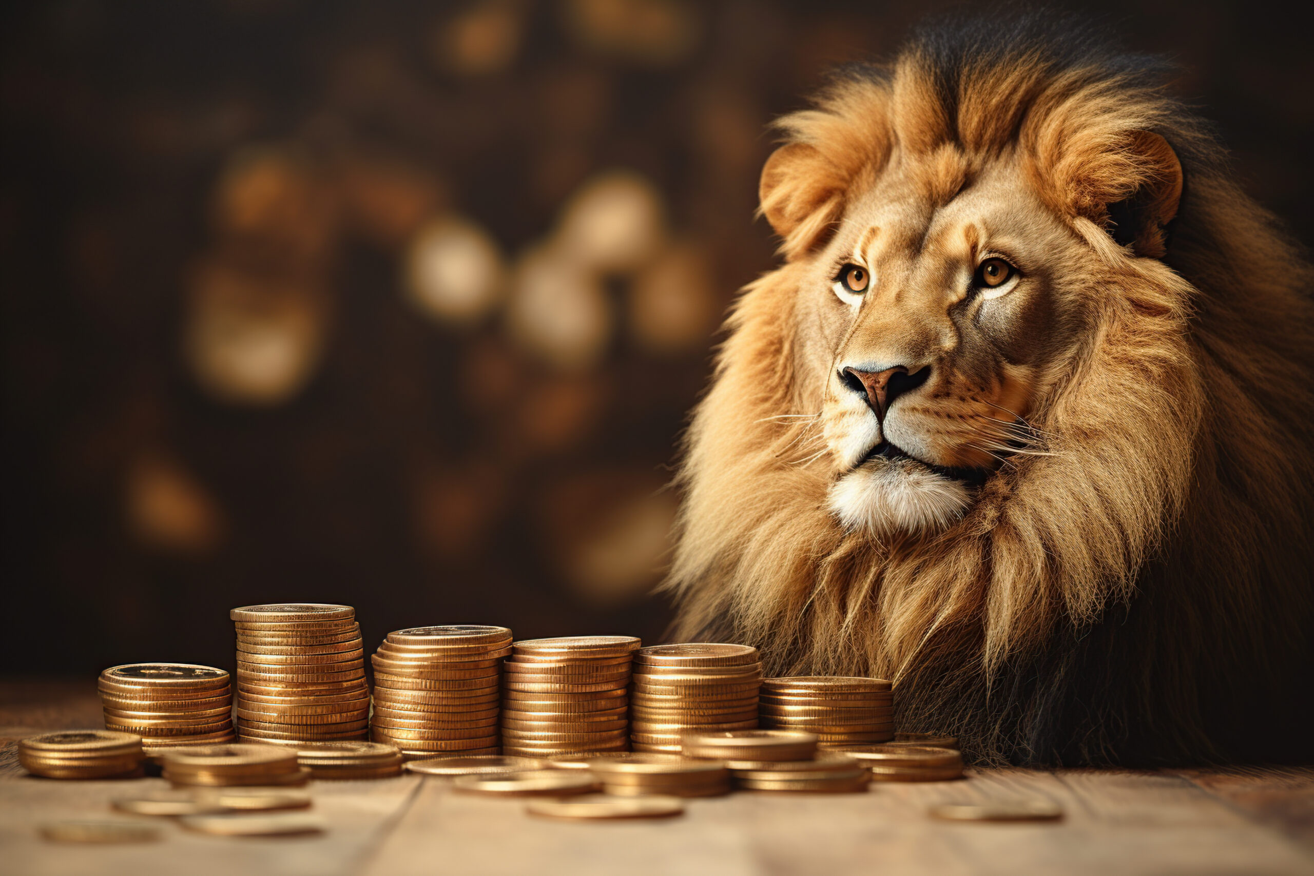 Um leão ao lado de várias moedas